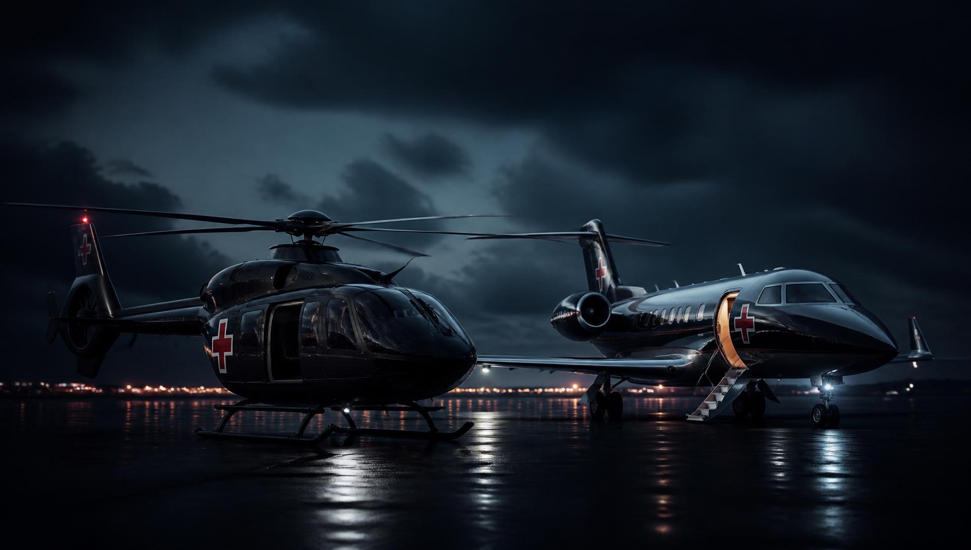 Medical helicopter and private air ambulance jet on a dark tarmac, ready for medevac mission